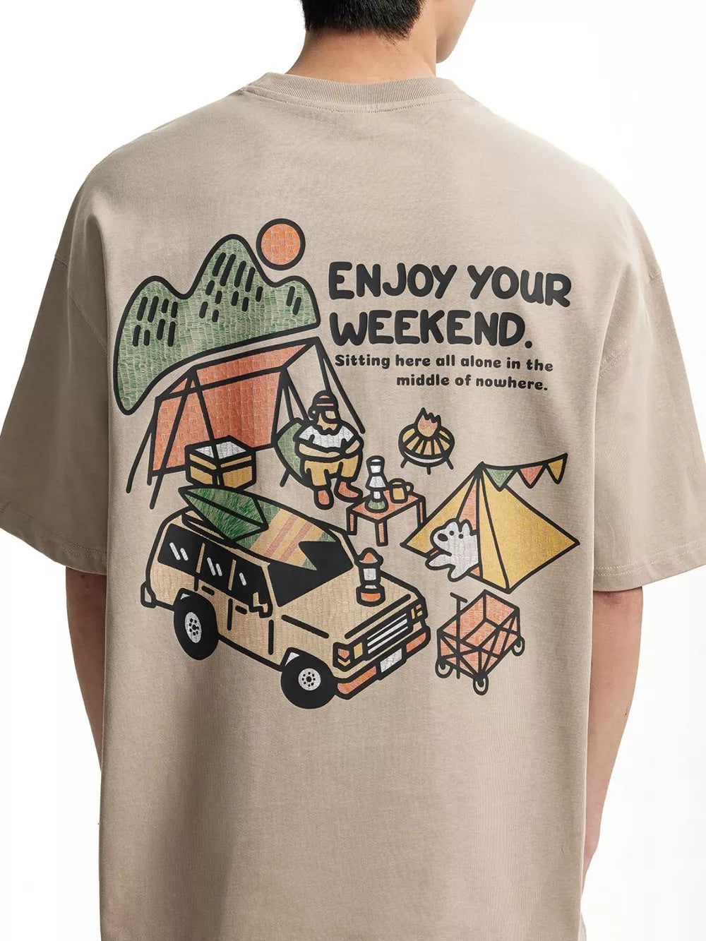 Men's Graphic Round Neck T-shirt in White, close-up detail