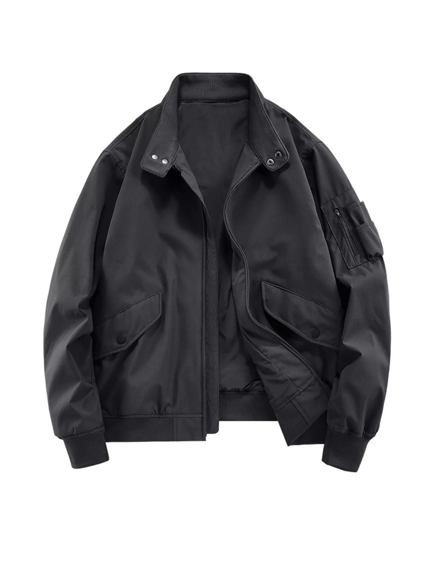 Plus-size black bomber jacket with zip front, snap flap pockets, and zippered sleeve pocket.