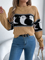 Camel cable knit crewneck sweater with ghost motif and black stripe detail