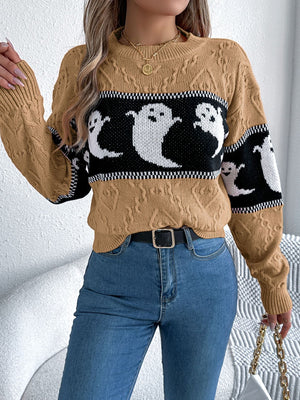 Camel cable knit crewneck sweater with ghost motif and black stripe detail