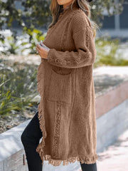 Camel textured fringe maxi cardigan with pockets and open front.