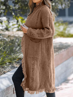 Camel textured fringe maxi cardigan with pockets and open front.