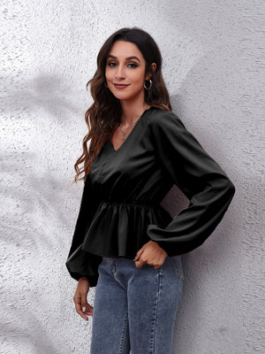 Black peplum blouse with V-neck, gathered waist and balloon sleeves