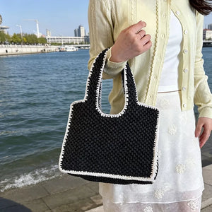 Woven Straw Handbag in Green, front view