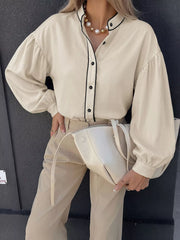 Contrast Trim Long Sleeve Shirt in Beige, back view