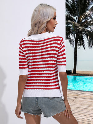 Striped knit polo top in deep red and white with short sleeves and a collar.