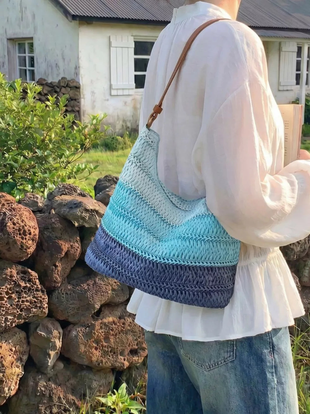 Straw Woven Shoulder Bag in Blue, product detail