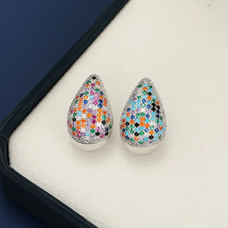 Pave teardrop stud earrings with gold base and colorful stones