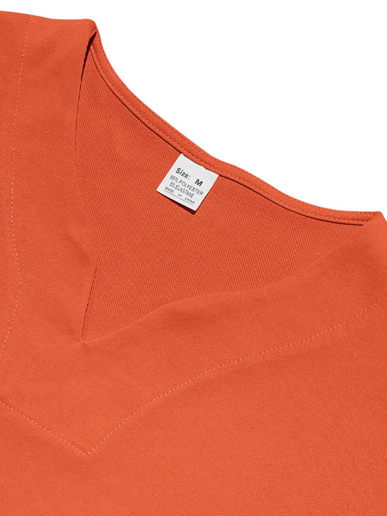Orange V-neck tee with notched collar detail and size tag.