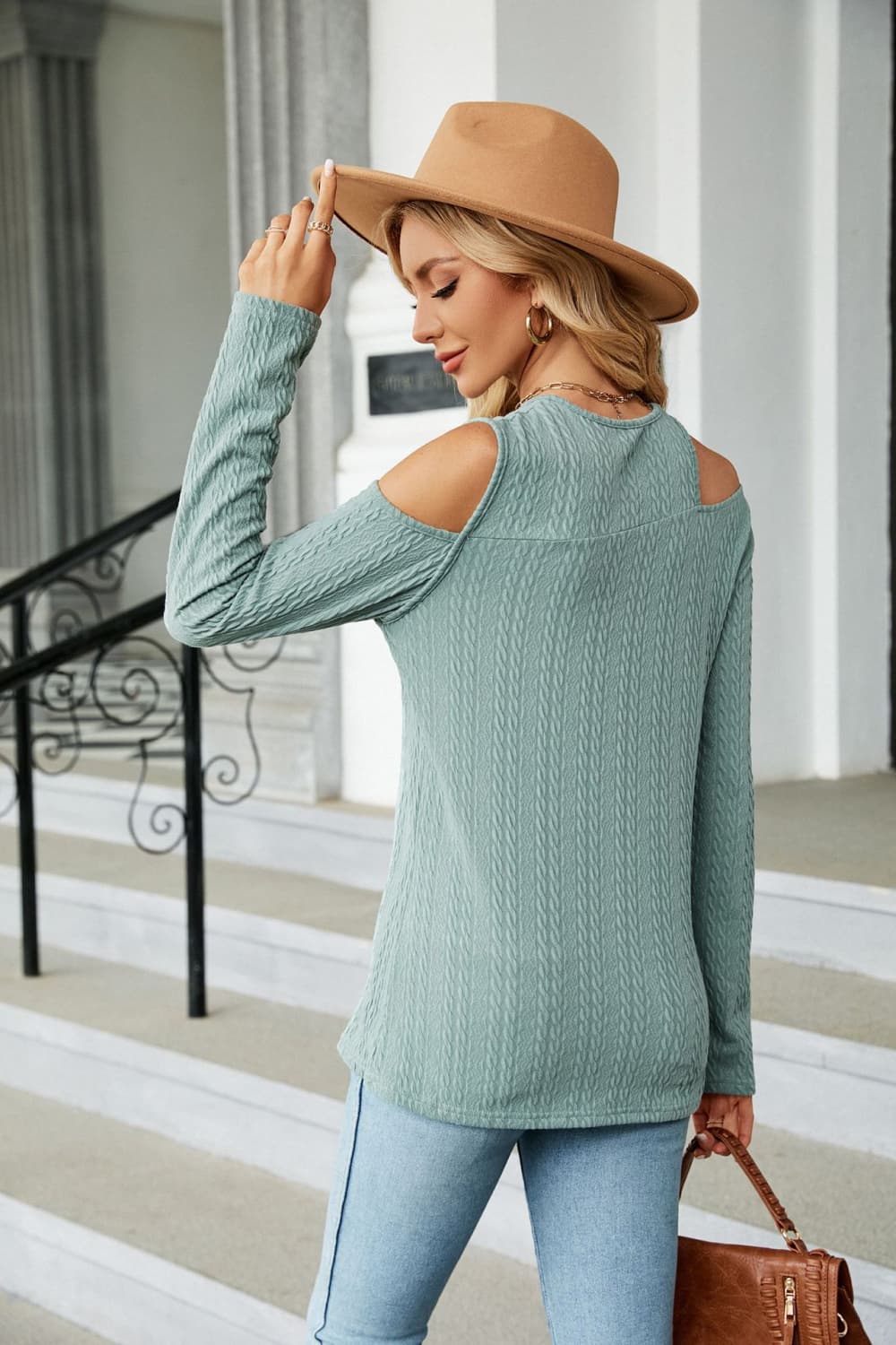 Sage textured knit cold-shoulder long sleeve top
