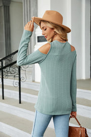 Sage textured knit cold-shoulder long sleeve top