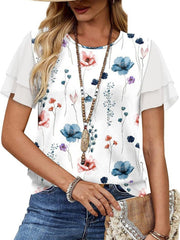 Layered ruffled short sleeve t-shirt with a floral print and white sheer sleeves.