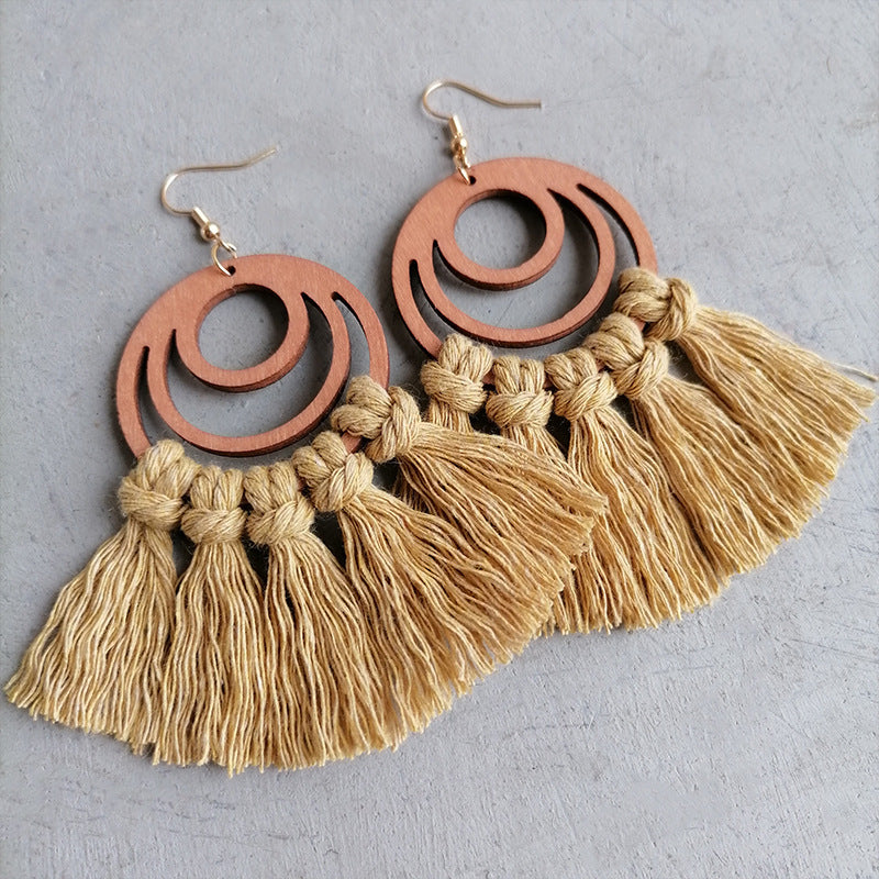 Macrame tassel and wood circle earrings in Caramel with knotted details.
