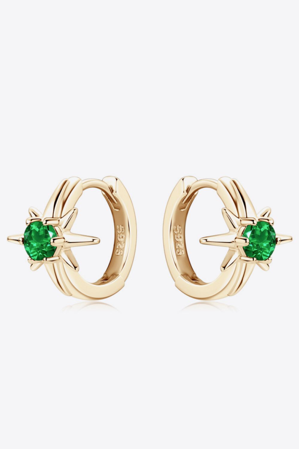 Gold starburst hoop earrings with emerald green gems