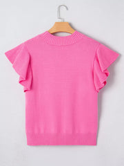 Pink knit top with mock neck and ruffled short sleeves.