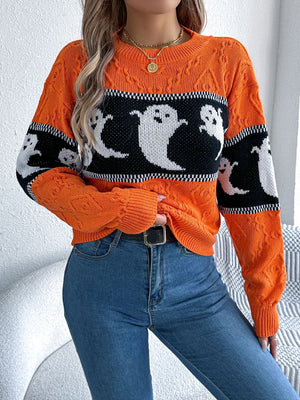 Orange cable knit crewneck sweater with ghost motif and black band detail