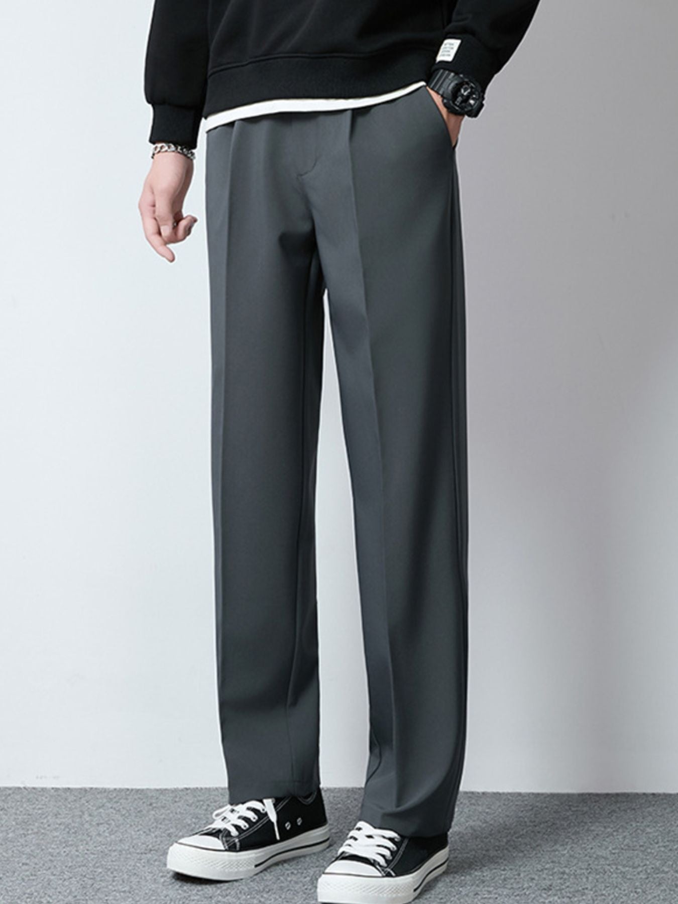 Men's dark gray wide-leg casual pants with a relaxed fit.