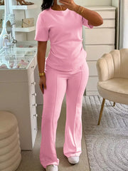 Round Neck Short Sleeve Top And Pants Set in Pink Purple, close-up detail