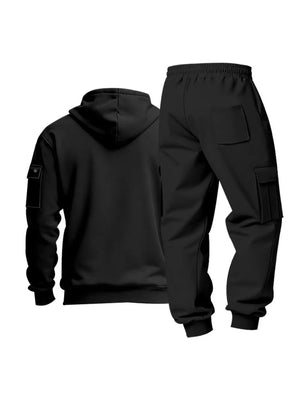 Black hoodie with cargo pants set, featuring a drawstring hood and utility pockets.