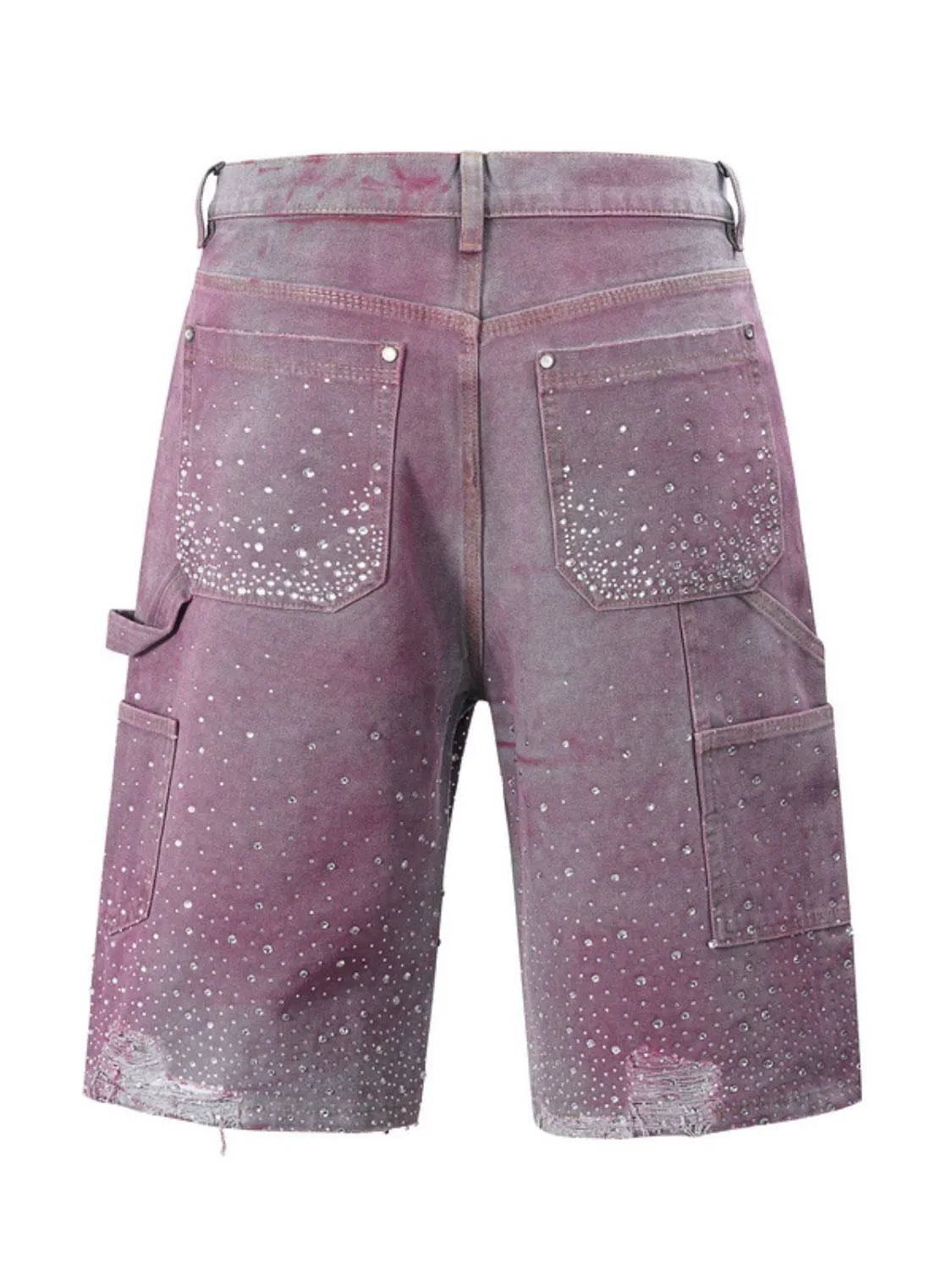 Fuchsia pink denim bermuda shorts with allover crystal embellishments and distressed hem.