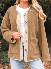 Plush corduroy patchwork jacket in camel with button front and patch pockets.