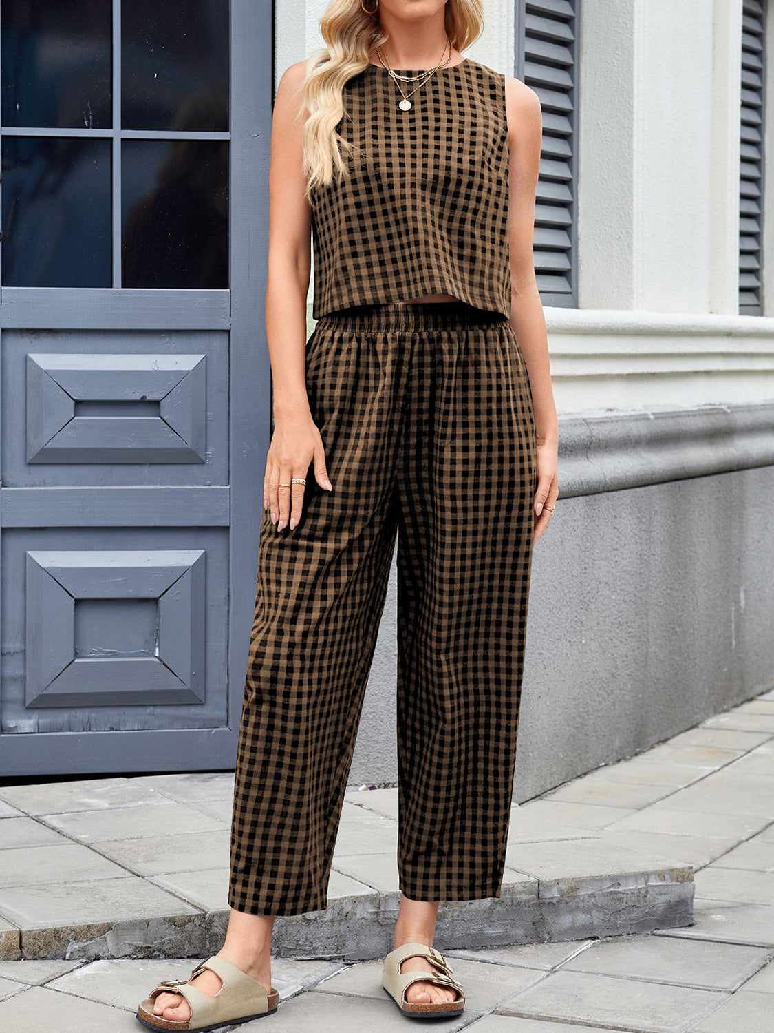 Caramel gingham cropped tank and tapered trouser set with elastic waist