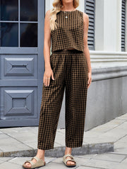 Caramel gingham cropped tank and tapered trouser set with elastic waist