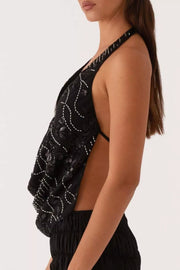 Bead-embellished Backless Halter Tank