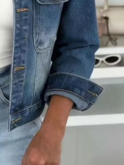 Full Size Chic Cropped Denim Jacket in Light Blue, fabric detail