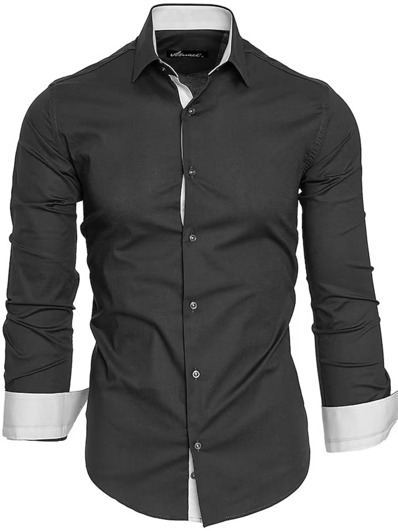 Men's dark gray slim fit cotton blend shirt with contrast white trim and cuffs.