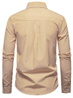 Men's brown and white striped long sleeve button-down shirt