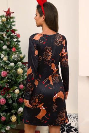 Black jersey midi dress with reindeer and swirl print, long sleeves, round neck.