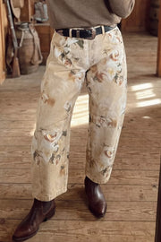 Retro Floral Print Relaxed Barrel Jeans in Beige, front view