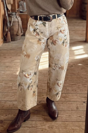 Retro Floral Print Relaxed Barrel Jeans in Beige, front view