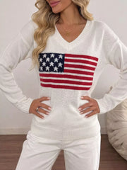 American Flag V-neck Knit Top in Black, close-up detail