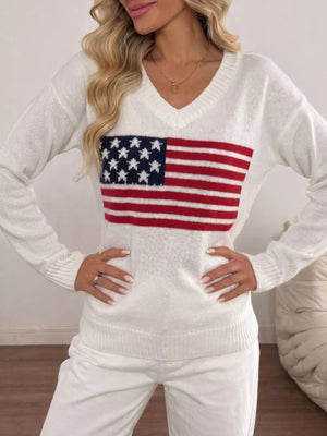 American Flag V-neck Knit Top in Black, close-up detail