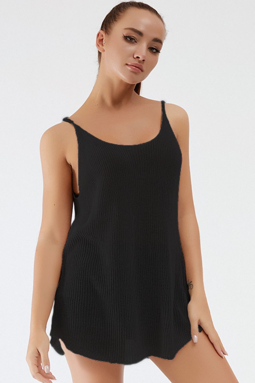Black ribbed knit cami with scoop neckline and thin straps