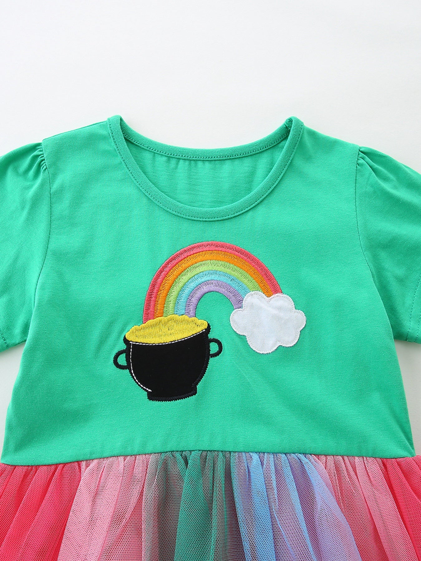 Green baby dress with rainbow pot of gold applique and rainbow tulle skirt.