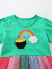 Green baby dress with rainbow pot of gold applique and rainbow tulle skirt.