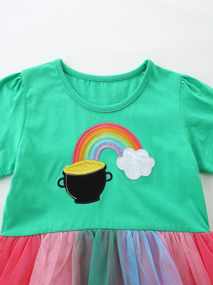 Green baby dress with rainbow pot of gold applique and rainbow tulle skirt.