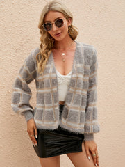 Light gray plaid fuzzy cardigan with balloon sleeves and open front.