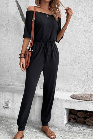 Black off-shoulder jumpsuit with drawstring waist and cropped sleeves