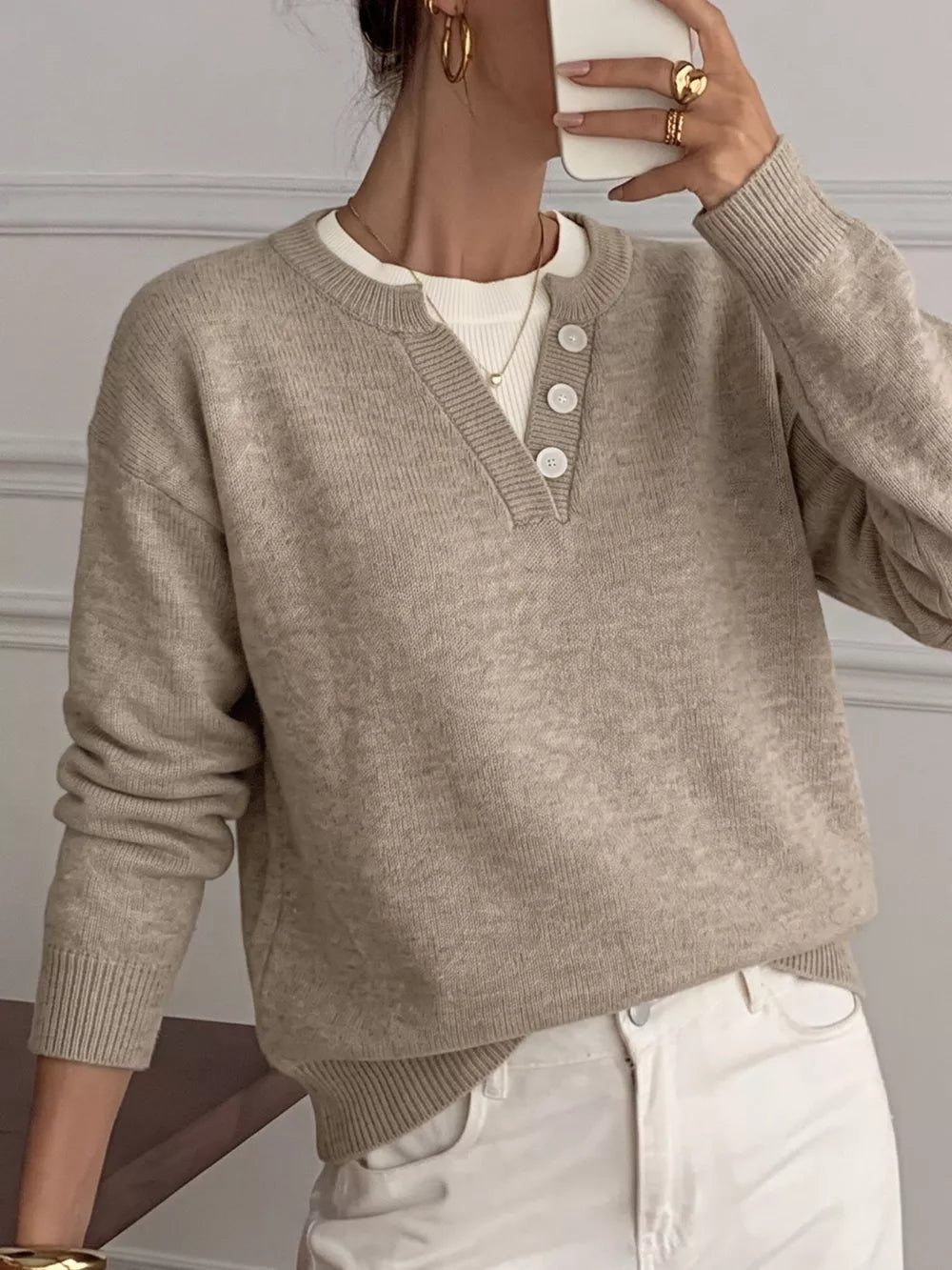 Dropped Shoulder Long Sleeve Sweater in Khaki, close-up detail