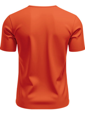 Men's orange cotton t-shirt with short sleeves and a notched V-neck.