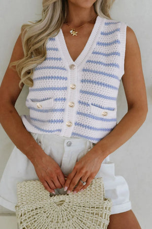 Light blue and white striped knit vest with gold button details and front pockets.