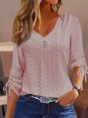 Full Size V-neck Eyelet Drawstring Sleeve Top in Pink, product detail