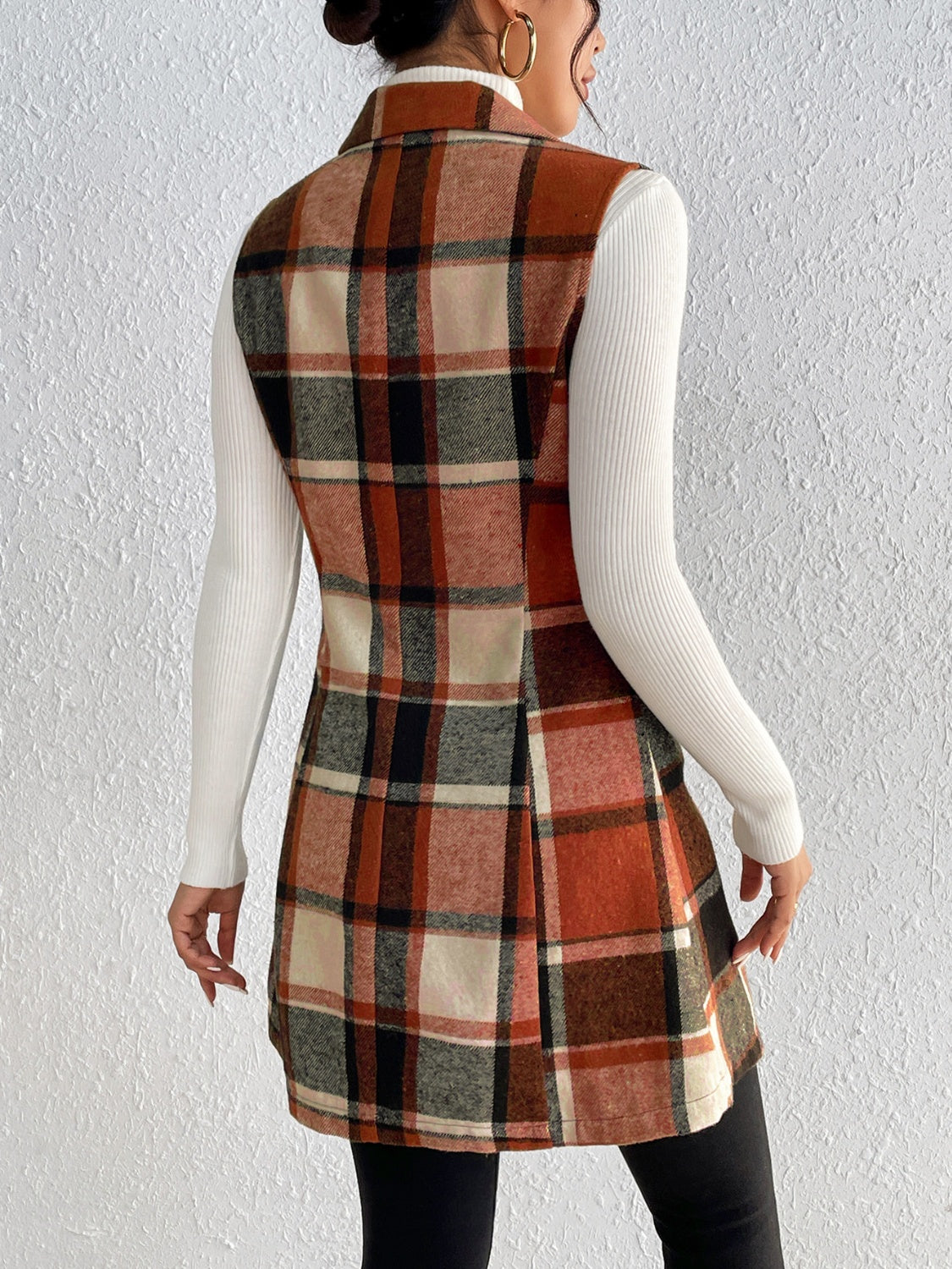 Tailored plaid sleeveless blazer dress in caramel with a collared neckline and A-line skirt.