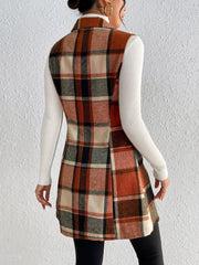 Tailored plaid sleeveless blazer dress in caramel with a collared neckline and A-line skirt.