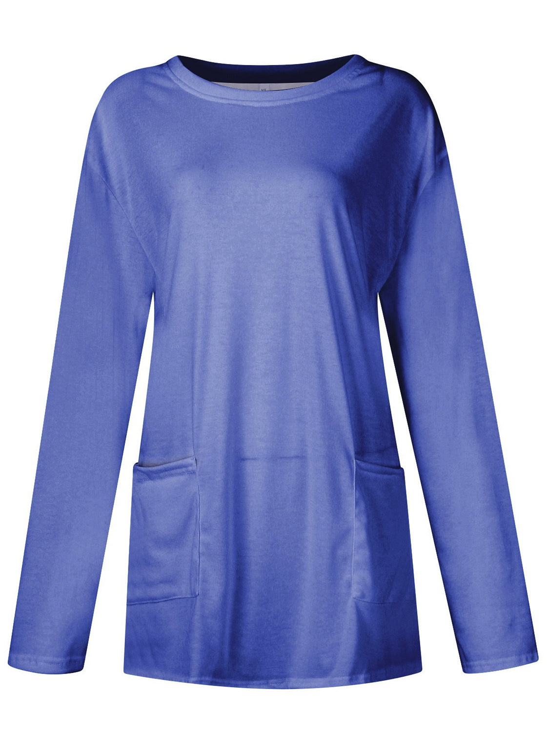 Relaxed fit royal blue tunic with long sleeves and two patch pockets.