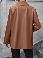 Brown faux leather tailored blazer with a classic collar and long sleeves.
